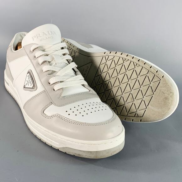 PRADA Size 11 White Grey Color Block Perforated Leather Logo Low Top Sneakers - Picture 5 of 11